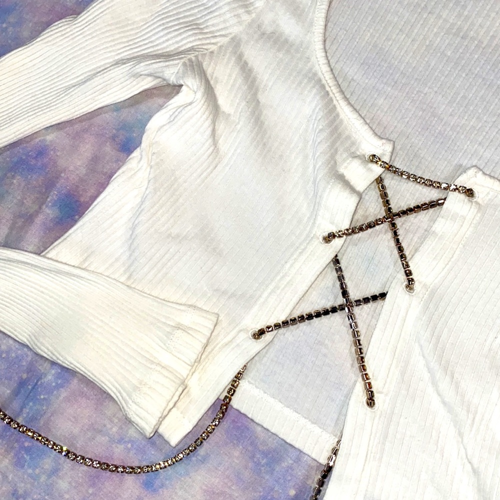 Shein • Ribbed Rhinestone Laced Cropped Sweater - Picture 3 of 10